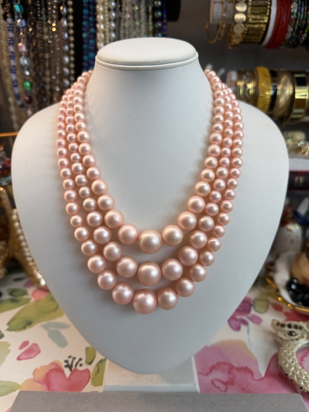 Vintage Japan Elegant Satin Finish Pink Pearl 3 Multi-Strand Necklace 20”